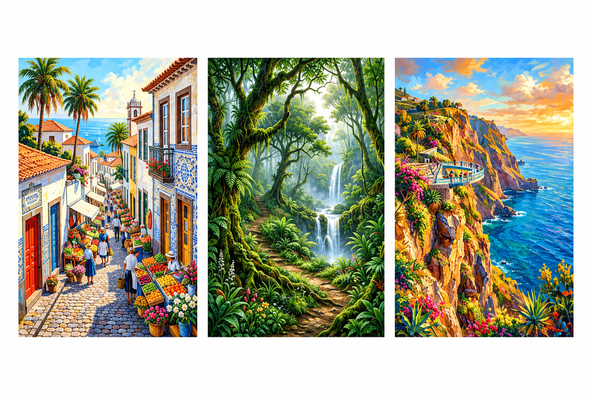 Three-panel artwork featuring a village market street, forest waterfall and ocean cliffs displayed flat on pure white - Portugal Canvas Co