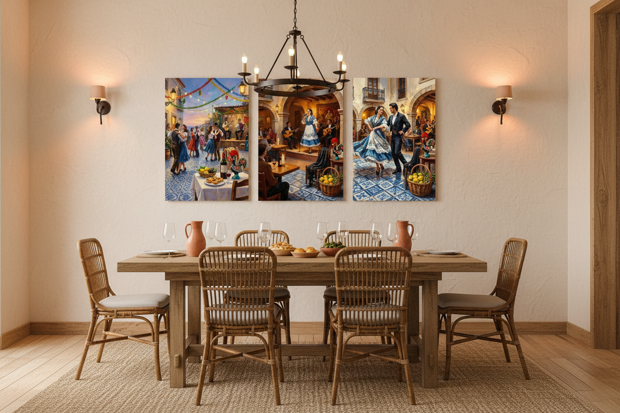 Portuguese festive cultural celebration triptych canvas wall art set displayed in a warm rustic dining room interior - Portugal Canvas Co