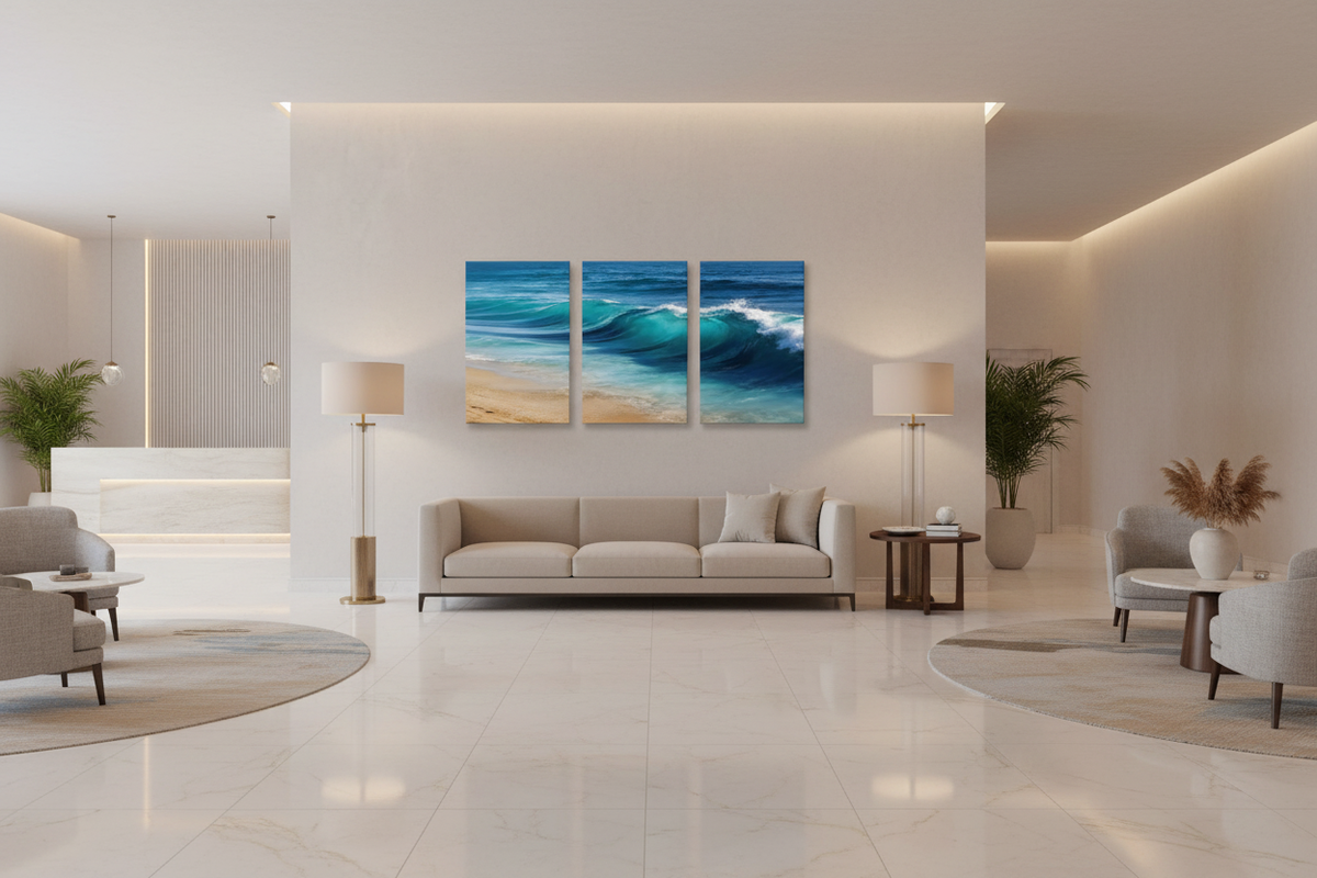 Ocean wave triptych canvas wall art displayed in a luxury hotel lobby with marble floors and neutral tones - Portugal Canvas Co