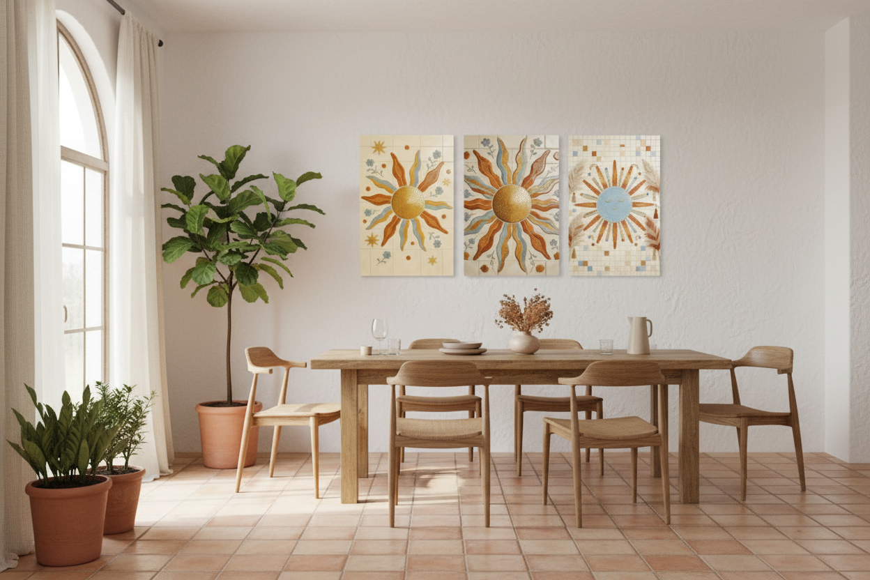 Three-panel boho Mediterranean sun mosaic triptych canvas wall art with terracotta, gold and blue tones displayed in a bright Mediterranean villa dining room with whitewashed walls and terracotta floor tiles - Portugal Canvas Co