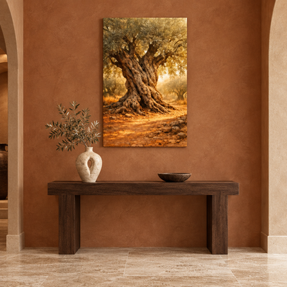 Ancient olive tree canvas above an oak console in a terracotta entrance hall - Portugal Canvas Co