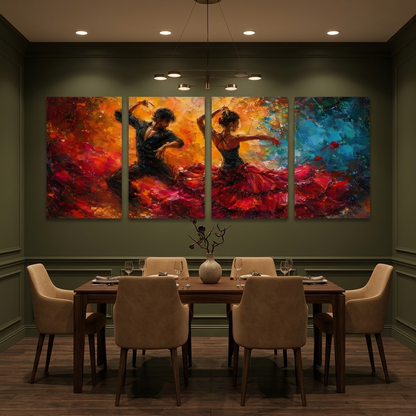 Four-panel flamenco dancer canvas art in an olive dining room with tan chairs and ceiling lighting - Portugal Canvas Co