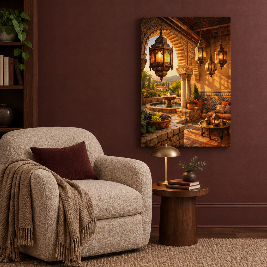 Ornate archway and glowing lantern courtyard canvas wall art in a burgundy reading nook - Portugal Canvas Co