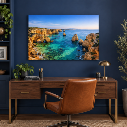 Golden coastal cliffs and turquoise sea landscape canvas wall art in a navy blue home office - Portugal Canvas Co