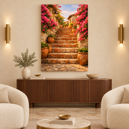 Pink bougainvillea and golden stone staircase canvas in a warm ivory boutique-hotel lobby - Portugal Canvas Co