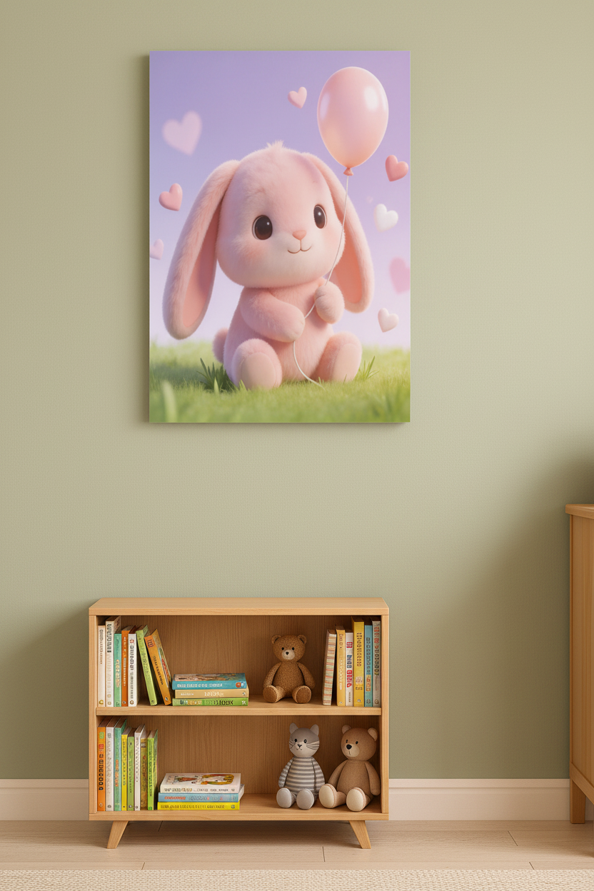 Cute pink bunny nursery canvas wall art on a sage green nursery wall above a wooden bookshelf - Portugal Canvas Co