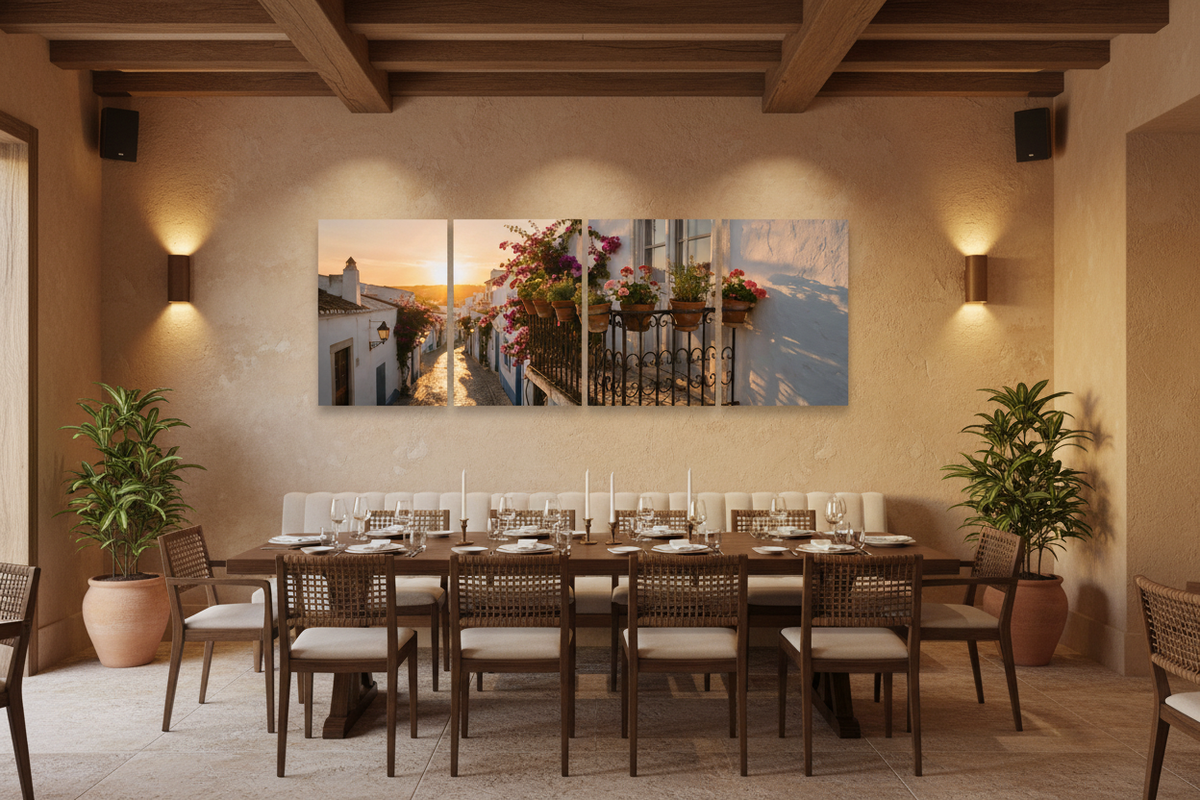 Old Town Albufeira four-panel canvas wall art in an upscale Mediterranean restaurant - Portugal Canvas Co