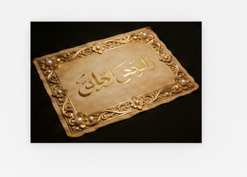 Divine golden scroll Arabic calligraphy canvas wall art floating on white background with ornate gold frame and pearl embellishments on black - Portugal Canvas Co