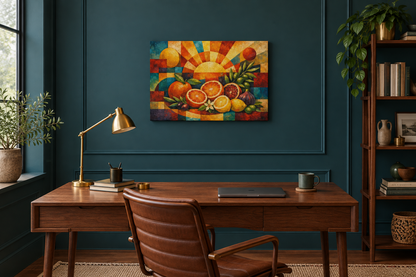 Citrus Sunrise geometric fruit gallery-wrapped canvas above a walnut desk in a deep teal home office - Portugal Canvas Co
