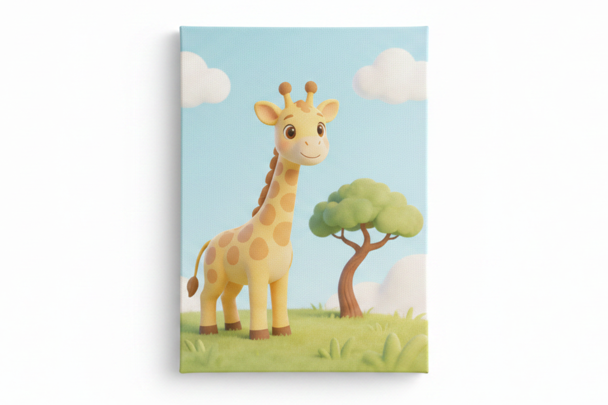 Cute giraffe canvas print flat lay on white background, top-down overhead view, no frame - Portugal Canvas Co