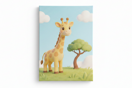 Cute giraffe canvas print flat lay on white background, top-down overhead view, no frame - Portugal Canvas Co
