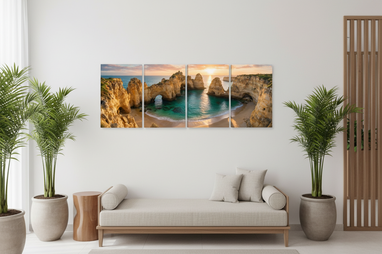 Ponta da Piedade Algarve golden sunset four-panel canvas art displayed in a luxury hotel lobby and boutique spa waiting area - Portugal Canvas Co