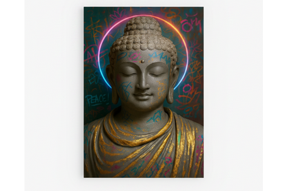 Graffiti Buddha neon halo canvas wall art flat lay on white background - Portugal Canvas Co