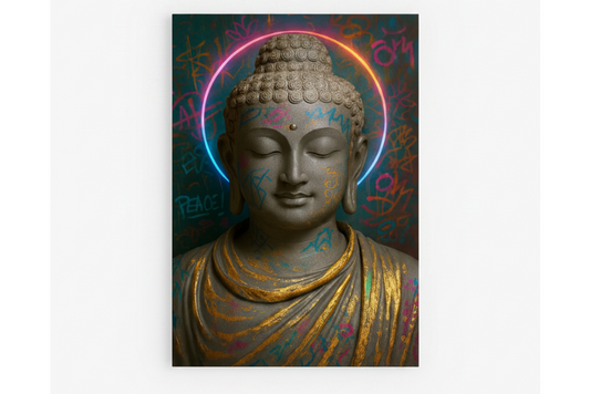 Graffiti Buddha neon halo canvas wall art flat lay on white background - Portugal Canvas Co