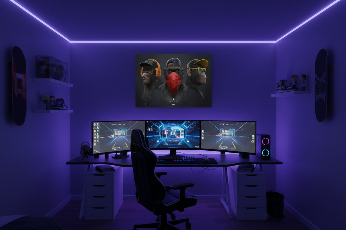 Three wise swag monkeys canvas print on the wall of a teen gaming bedroom with neon LED strip lighting and urban decor - Portugal Canvas Co