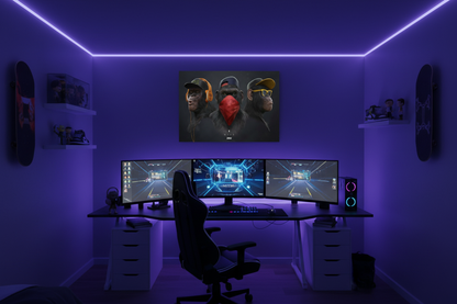 Three wise swag monkeys canvas print on the wall of a teen gaming bedroom with neon LED strip lighting and urban decor - Portugal Canvas Co