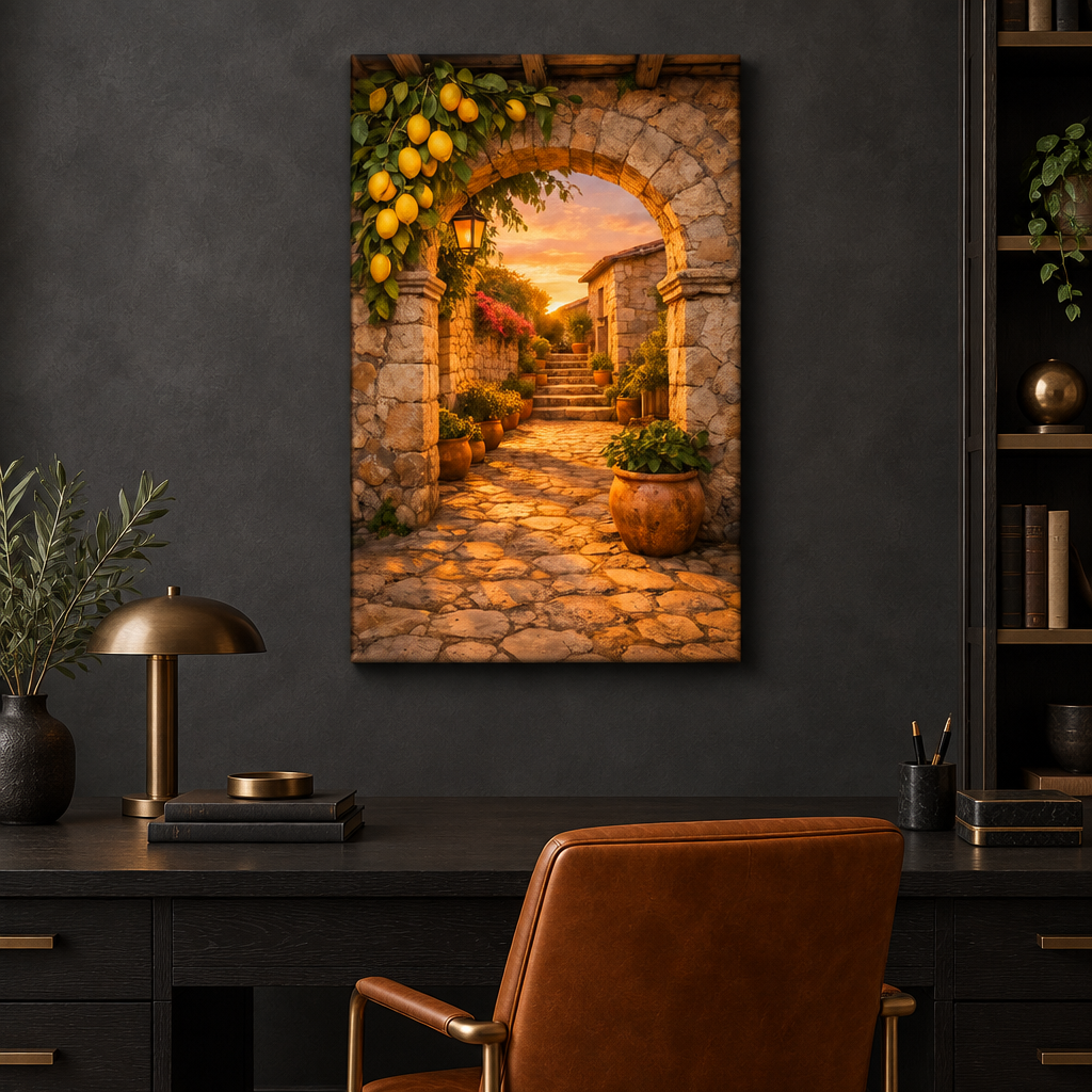 Mediterranean sunset lemon courtyard canvas in a charcoal study with cognac accents - Portugal Canvas Co