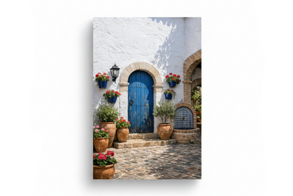 Andalusian courtyard blue door canvas print with stone arch and terracotta pots with red geraniums on white background - Portugal Canvas Co