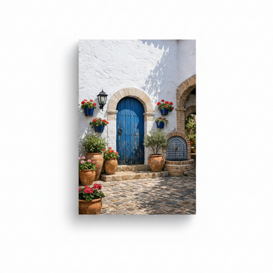 Andalusian courtyard blue door canvas print with stone arch and terracotta pots with red geraniums on white background - Portugal Canvas Co