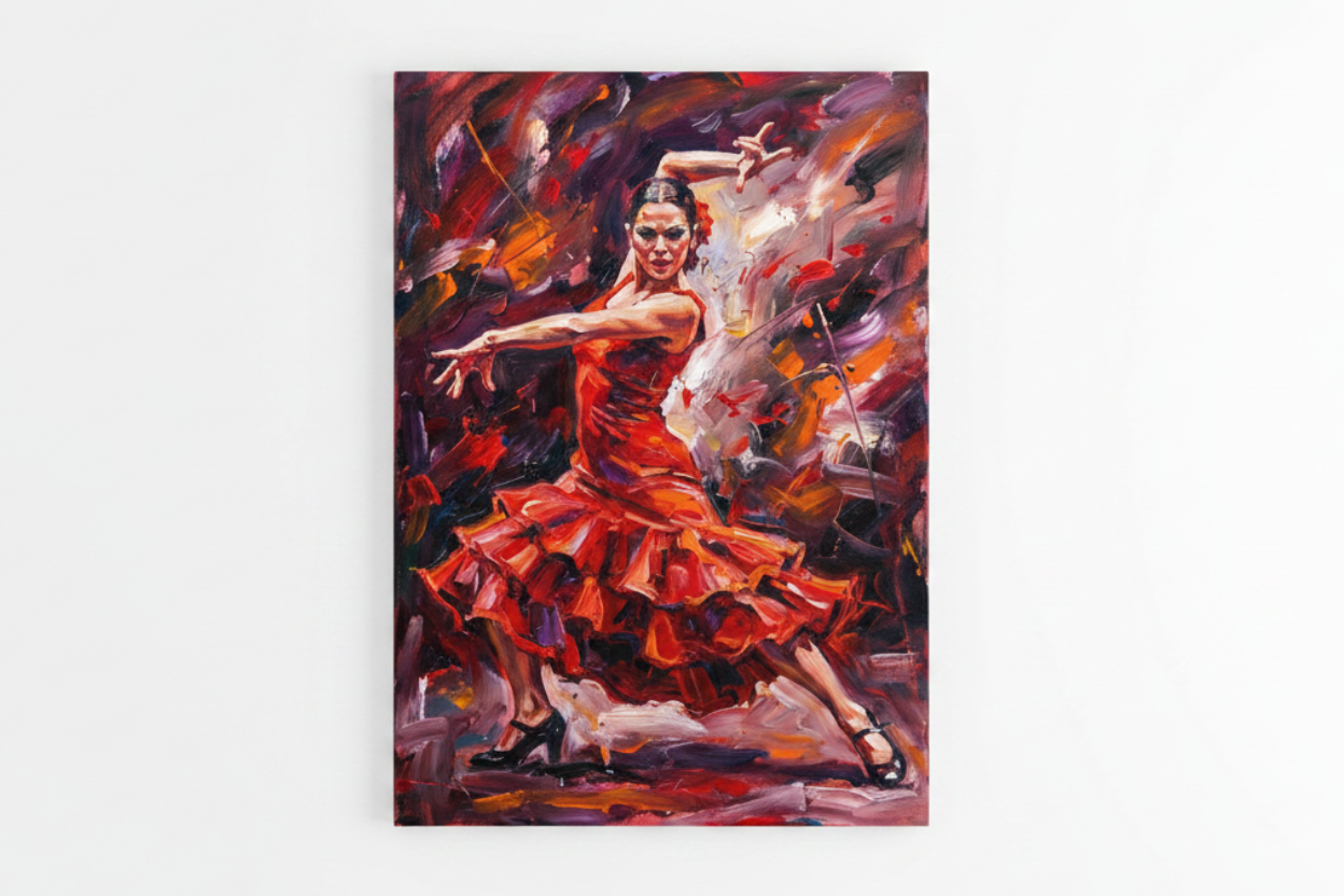 Flamenco dancer in red ruffled dress dramatic canvas wall art flat lay on white background - Portugal Canvas Co