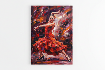 Flamenco dancer in red ruffled dress dramatic canvas wall art flat lay on white background - Portugal Canvas Co