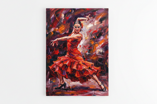 Flamenco dancer in red ruffled dress dramatic canvas wall art flat lay on white background - Portugal Canvas Co