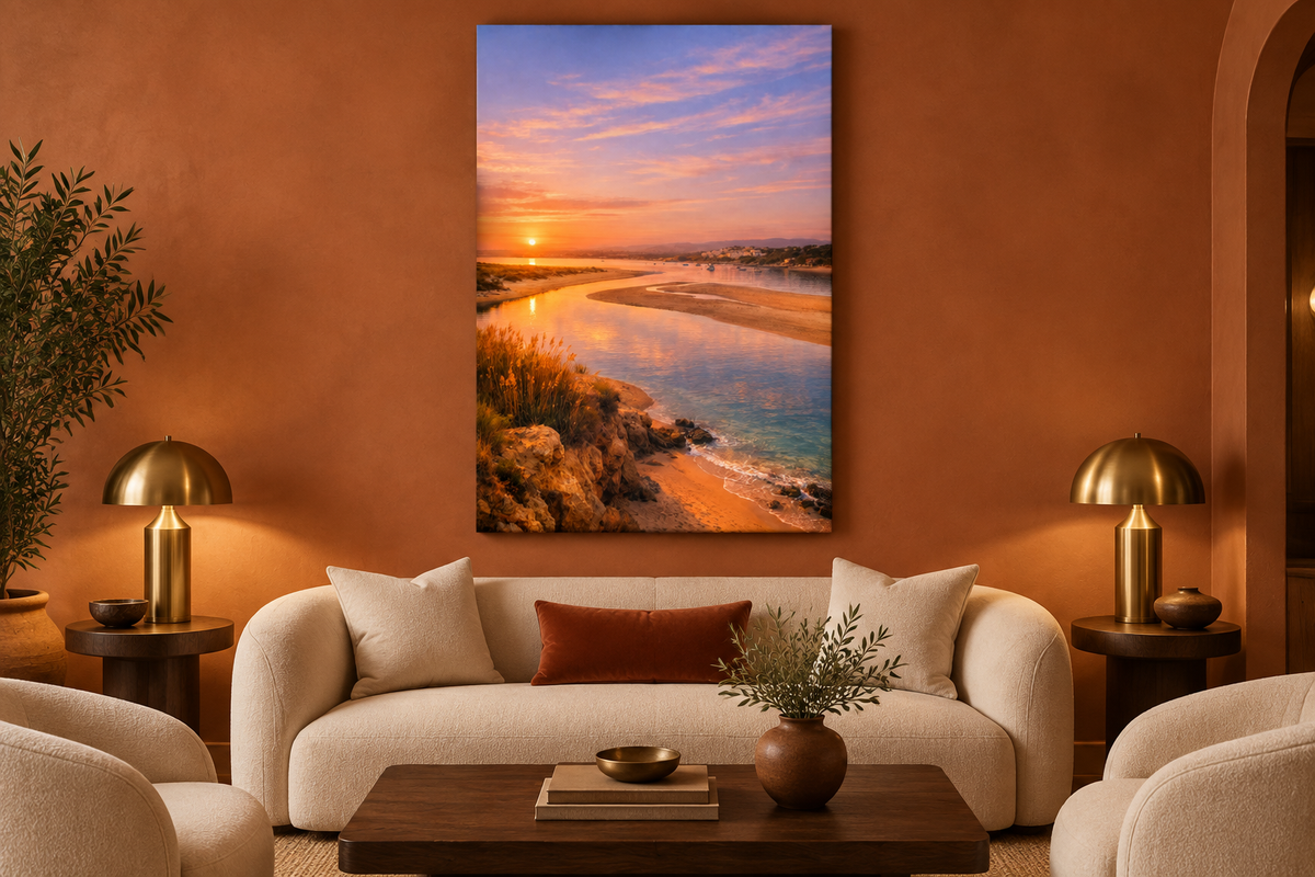 Alvor Estuary at golden hour portrait canvas displayed in a terracotta hotel lounge - Portugal Canvas Co