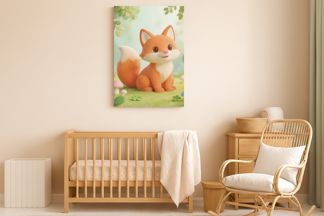 Cute fox canvas wall art displayed in a sage green nursery with rattan furniture - Portugal Canvas Co
