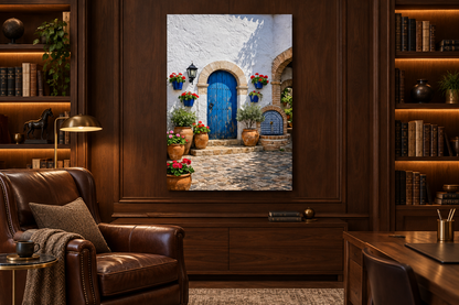 Mediterranean blue door courtyard canvas with stone arch and tiled fountain in a dark walnut study - Portugal Canvas Co
