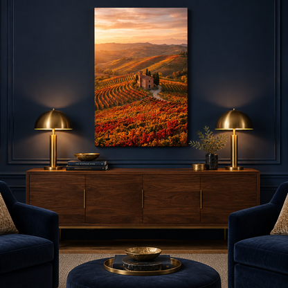 Portrait vineyard sunset canvas with curved vine rows in a navy lounge - Portugal Canvas Co
