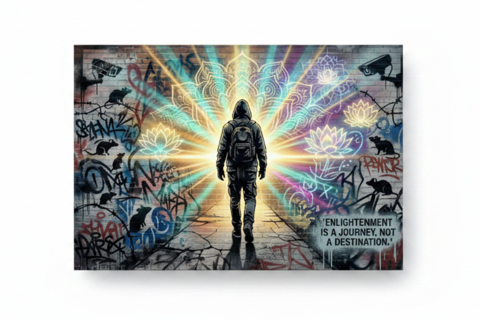 Enlightenment Is A Journey Not A Destination graffiti street art canvas print with hooded figure and neon mandala, flat lay on white background - Portugal Canvas Co