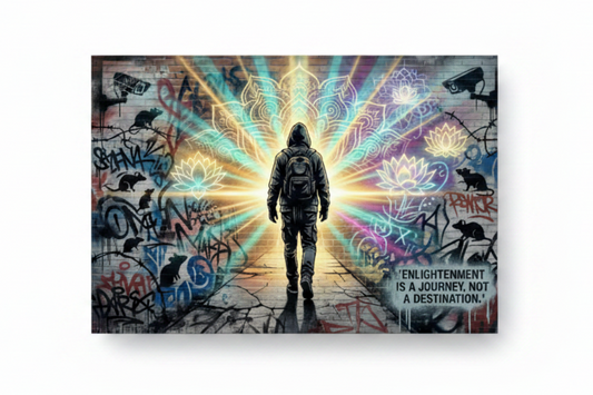 Enlightenment Is A Journey Not A Destination graffiti street art canvas print with hooded figure and neon mandala, flat lay on white background - Portugal Canvas Co