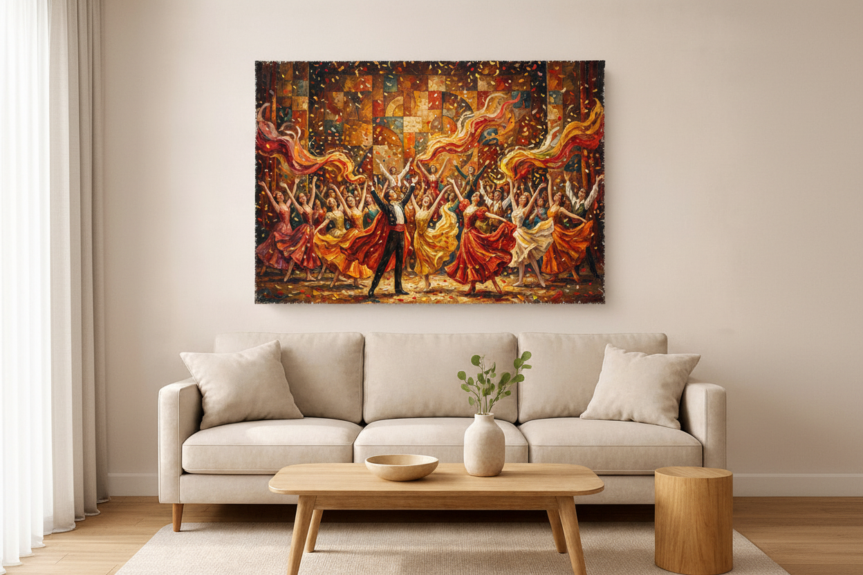 Vibrant festival dance performance canvas wall art displayed above a beige sofa in a modern living room - Portugal Canvas Co