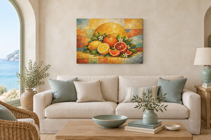 Citrus fruit still life gallery-wrapped canvas above linen sofa in a Mediterranean coastal living room - Portugal Canvas Co