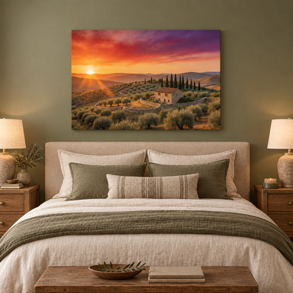 Tuscan-style sunset farmhouse canvas above a bed in an olive and linen bedroom - Portugal Canvas Co