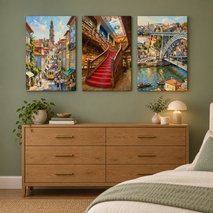 Porto three-panel canvas set showing a tram, Lello Bookstore staircase and Dom Luís Bridge above a dresser in a sage green bedroom - Portugal Canvas Co