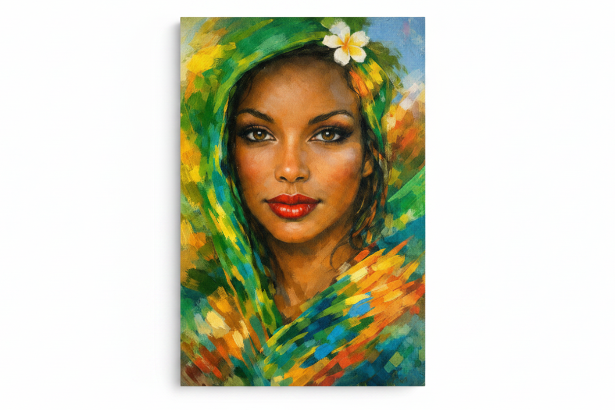 Vibrant colourful woman portrait canvas wall art flat lay on white background top-down view - Portugal Canvas Co