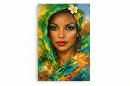 Vibrant colourful woman portrait canvas wall art flat lay on white background top-down view - Portugal Canvas Co