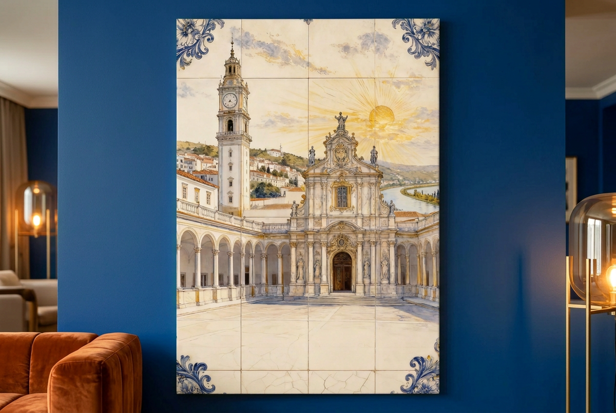 Portrait Coimbra architecture canvas on a cobalt blue wall beside burnt orange seating and warm lamps - Portugal Canvas Co