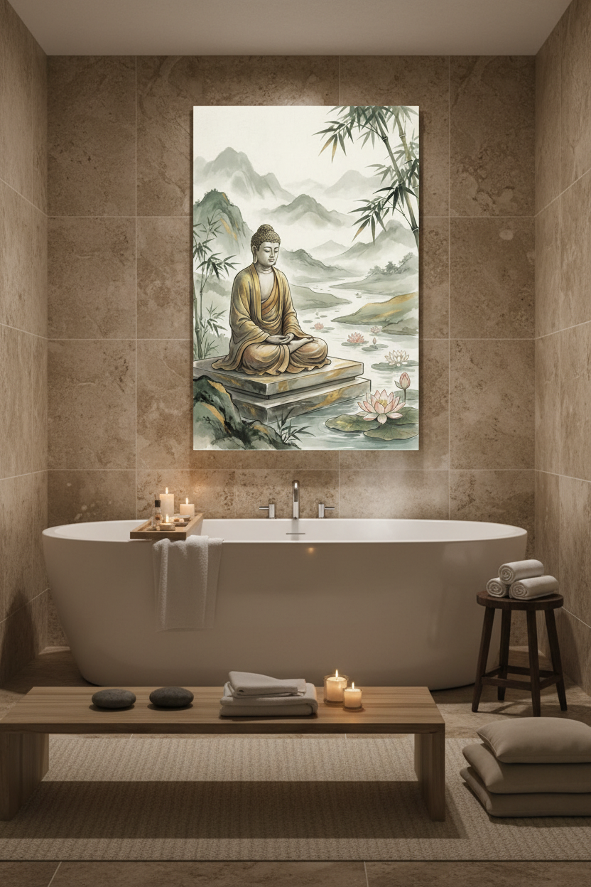 Meditating Buddha lotus pond bamboo watercolor canvas wall art in a minimalist spa bathroom with stone tiles and candlelight - Portugal Canvas Co