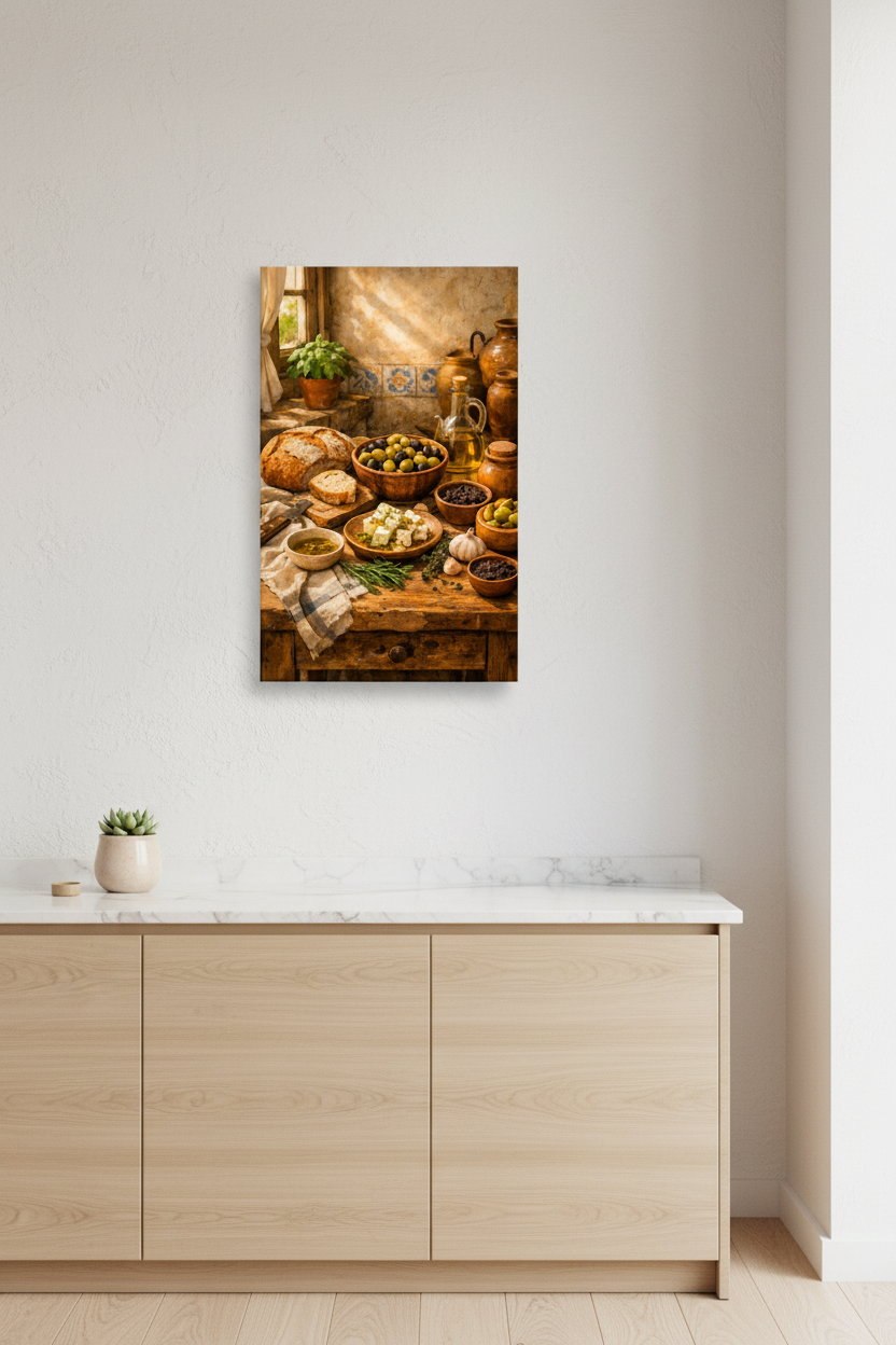 Mediterranean kitchen still life canvas wall art displayed in a bright modern Scandinavian kitchen with light oak cabinets and marble countertop - Portugal Canvas Co
