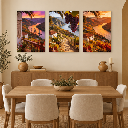 Douro Valley three-panel gallery-wrapped canvas set above an ivory dining room sideboard - Portugal Canvas Co