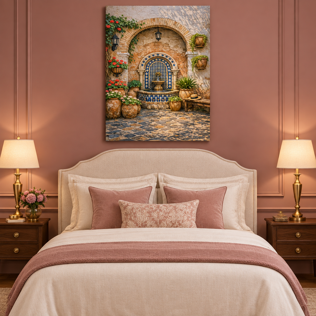 Mediterranean tiled courtyard fountain portrait canvas in a dusty rose bedroom - Portugal Canvas Co