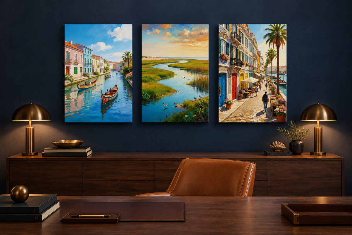 Aveiro three-panel canvas set in a navy and walnut designer study with artificial lighting - Portugal Canvas Co