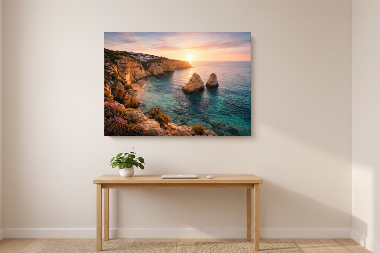 Algarve Praia da Marinha golden cliffs turquoise cove sunset canvas wall art displayed above a wooden desk in a warm minimalist home study - Portugal Canvas Co