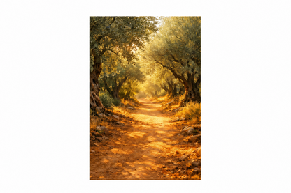 Sunlit olive grove path portrait canvas artwork displayed flat on a pure white background in a landscape 3:2 image - Portugal Canvas Co