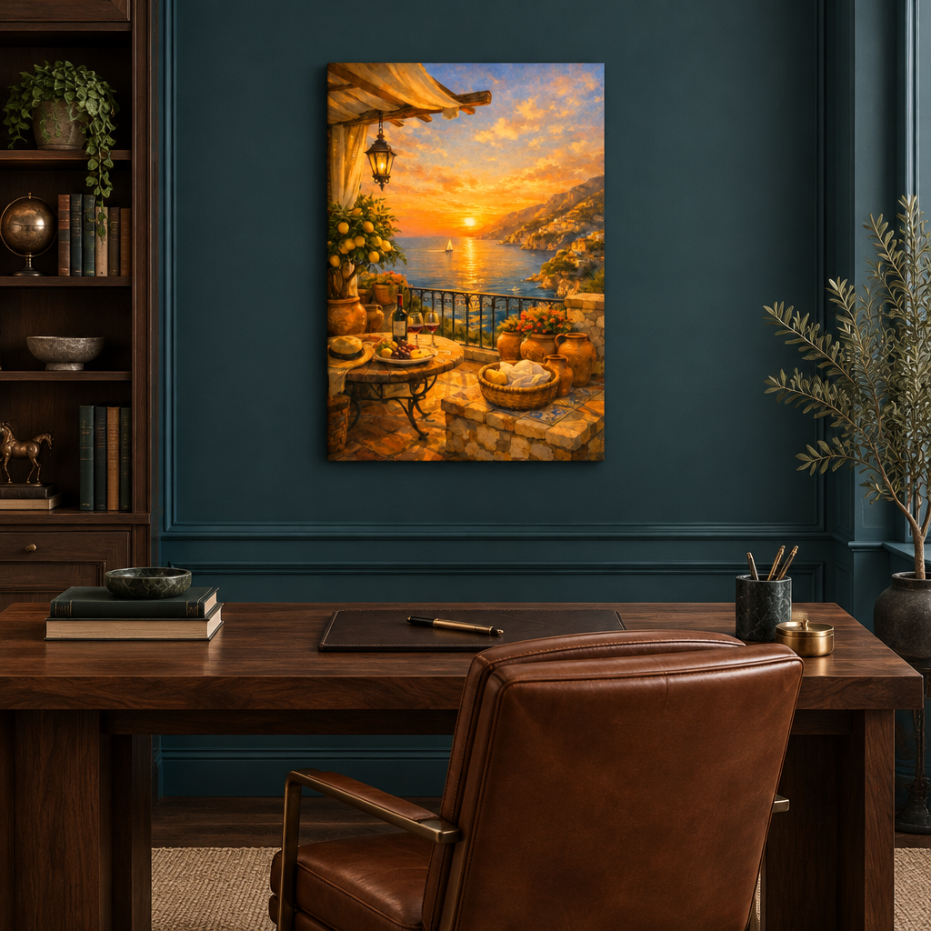 Mediterranean sunset terrace canvas displayed in a deep teal home office - Portugal Canvas Co