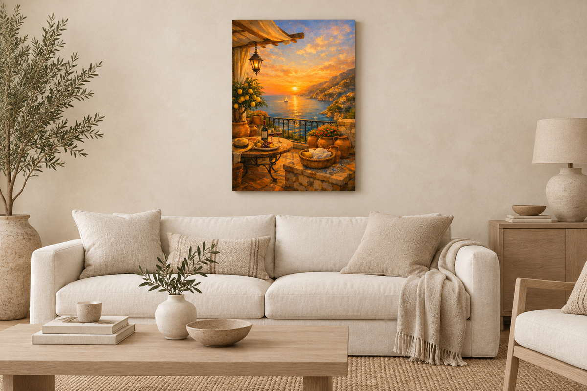 Mediterranean sunset terrace portrait canvas in a neutral cream and pale oak living room - Portugal Canvas Co