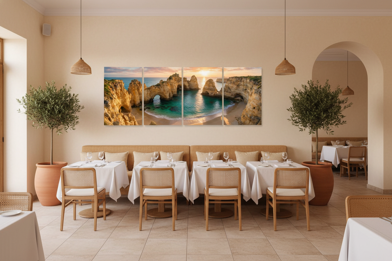 Ponta da Piedade Algarve golden sunset four-panel canvas art displayed above a banquette in a Mediterranean-inspired upscale restaurant - Portugal Canvas Co