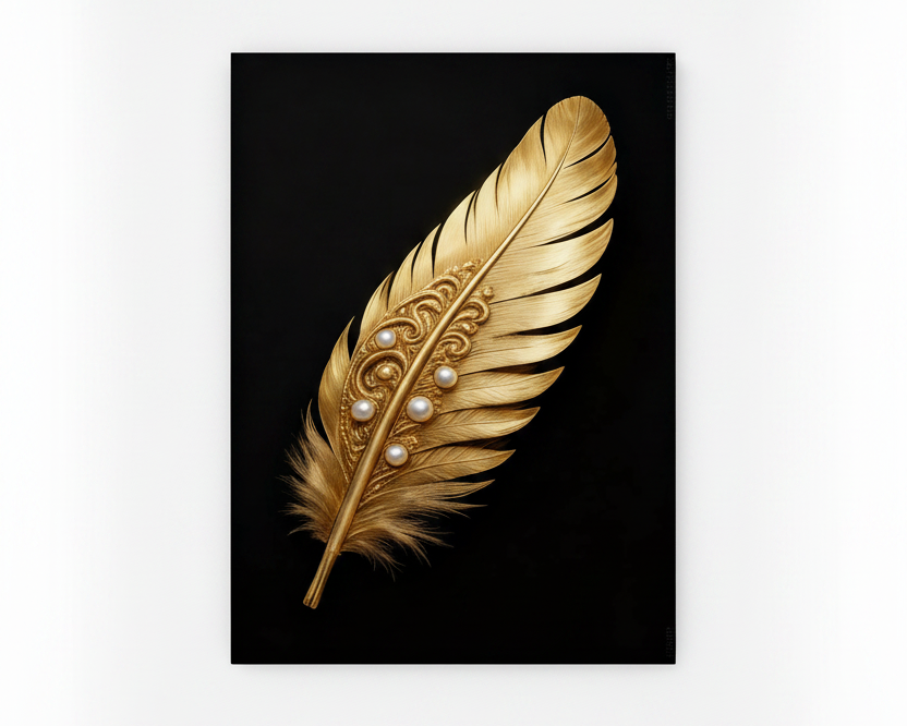 Golden angel feather with pearl embellishments canvas wall art print on black background flat lay on white background - Portugal Canvas Co